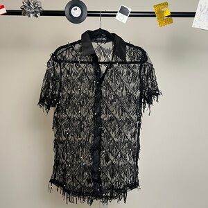 Mens' SHEIN Black Sequined Fringe See-Through Short Sleeve Button Down Shirt